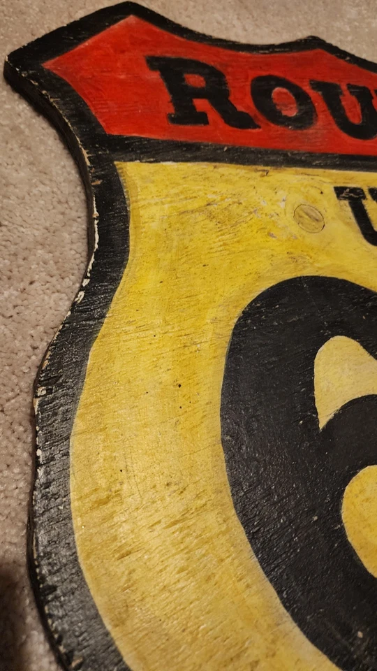 Antique Folk Art Carved Wooden Painted ROUTE 66 Advertising Sign S.F POLK ST ART - Image 3 of 4