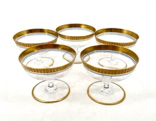 VTG set 5 Crystal Champagne Sherbet Glasses short Stems 24K Gold/Blue rim Moser