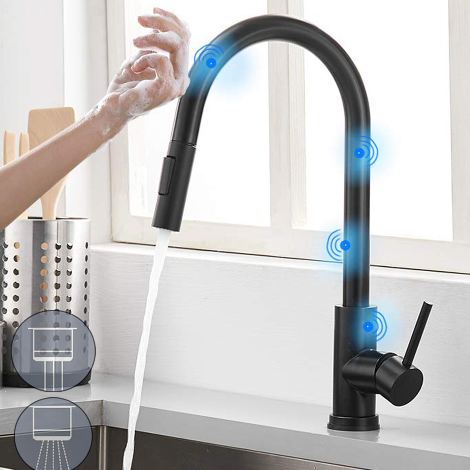 Touch Kitchen Sink Faucet Pull Down Sprayer Matte Black Sing