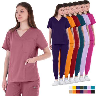 Unisex Stretch Medical Nurse Uniform Scrub Sets V-Neck 4-Pocket-Top Jogger Pant