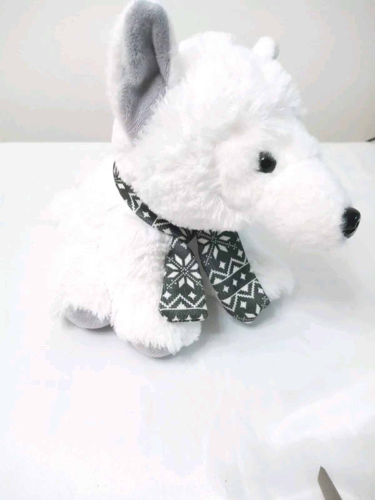 12-Inch JAS White Wolf Plush with Snowflake Scarf Adorable Stuffed Animal