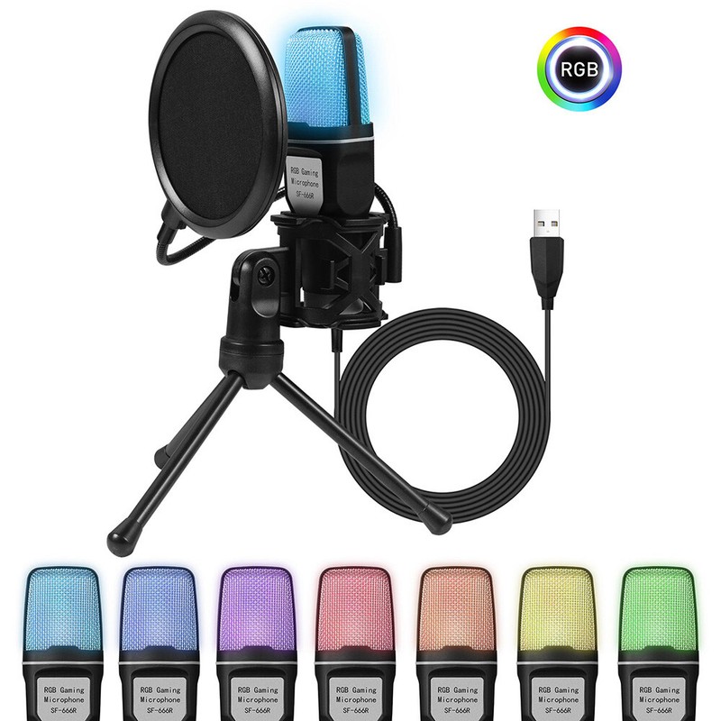 USB Condenser Microphone With Stand Pop Filter PC Podcast Studio Recording Mic