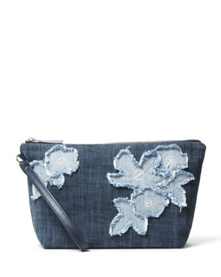 Michael Kors Denim Medium Floral Applique Wristlet Pouch Blue for  