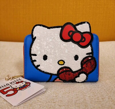 Loungefly Hello Kitty 50th Anniversary Phone Sequin Blue Zip Around Wallet NEW