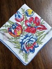 Vintage Handkerchief Hankie Colorful Red  Blue Tulips Linen