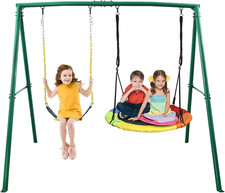 440Lbs 2 Seat Swing Sets for Backyard, 1 Saucer Swing and 1 Belt Swing with Heav