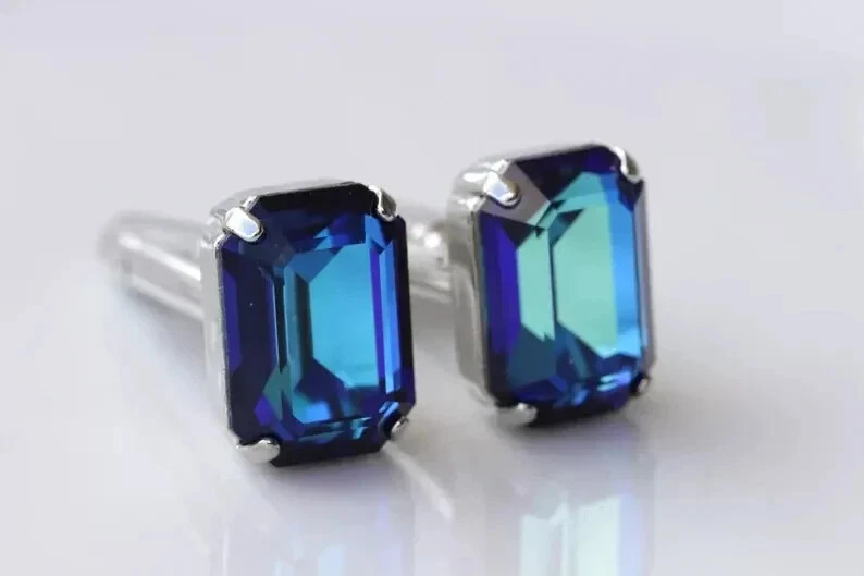 Gemelos especiales de zafiro talla esmeralda 28,44 quilates para hombre en plata 935 Argentium Foto 2 de 4