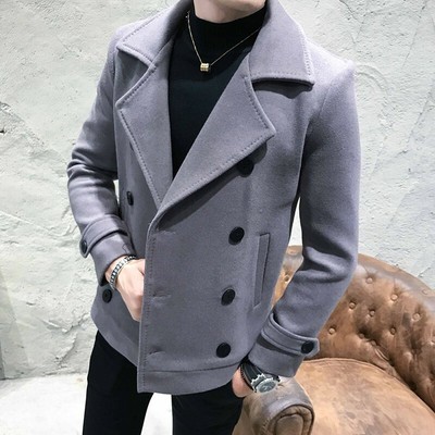 Men's Wool Blend Coat Short Jacket Double Breasted Reefer Peacoat