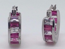 14K WHITE GOLD STUNNING CZ CRYSTALS WHITE AND RED HOOP EARRINGS