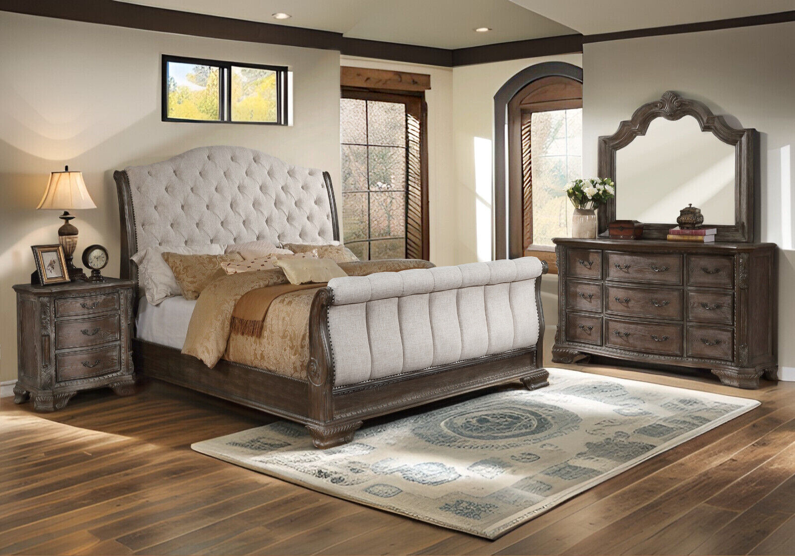 NEW 4PC Upholstered Queen King Classic Sleigh Bedroom Suite Rich Walnut B/D/M/N