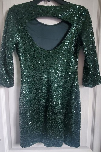Express Sequin Mini Sheath Womens Dress Green Open Back 3/4 Sleeve Cocktail 2 - Picture 4 of 6