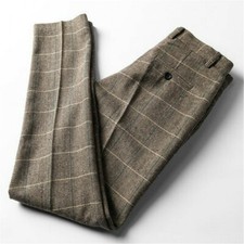 Men's Herringbone Tweed Pants Vintage Trousers Checked Wool Blend Straight Leg
