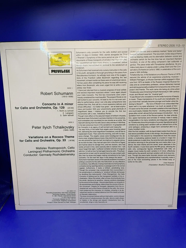 ROSTROPOVICH - SCHUMANN TCHAIKOVSKY Cello Concerto Rococo - DG ST LP 1974 - Image 2 of 2