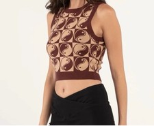 Tilly s Full Tilt Brown Yin Yang Check Womens Cropped Sweater Vest Size XL