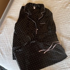 PINK Satin 2-Piece Pajama Set S Button-Front Collared Long Sleeve Polka Dot