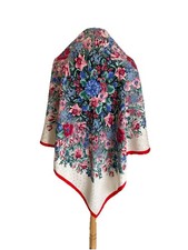 Elegant Floral Silk Scarf Large Multicolor Bouquet Red Trim Polka Dot A123