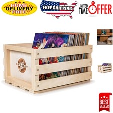 Elegant Natural Wood Record Storage Crate Holds 75 Vinyl Albums - Easy Assembly