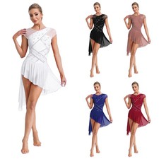 Womens Bodysuit Performance Dress Irregular Leotard Figure Skating Mesh Stage