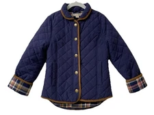 Hope & Henry Girls' Quilted Riding Jacket in Navy w/ Pink Plaid Lining, Sz 8