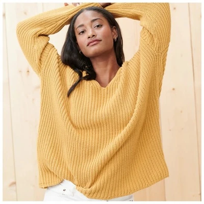 Jenni Kayne Cotton Cabin Sweater Mustard Yellow Gold Organic Cotton V-Neck XS