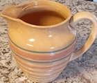 Ceramic Striped Pitcher Beige Orange Blue USA B-7 Pottery Glossy Finish