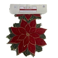 Waverly Green Red 3 Poinsettia Shaped Table Runner 13  x36  Gold Metallic Trim