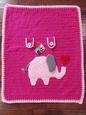 Crochet Baby Blanket Handmade Shower Gift Elephant Theme Girl Lovie Throw Pink