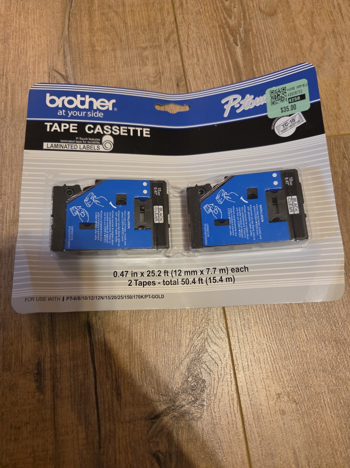 2 pack Brother P-Touch TC-10 Tape Cassette 1/2" 12MM Black on Clear