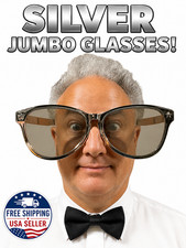 JUMBO SILVER EYE FRAME GLASSES BIG Lenses Clown Nerd Funny Giant Joke Sunglasses