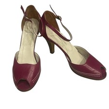 Vintage 60s 70s Garolini Italy Dark Pink Leather Peep Toe Heels Strap Sz 7