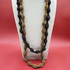 Brown Black Mustard Fabric Beaded Double Strand Necklace Boho Vintage Statement