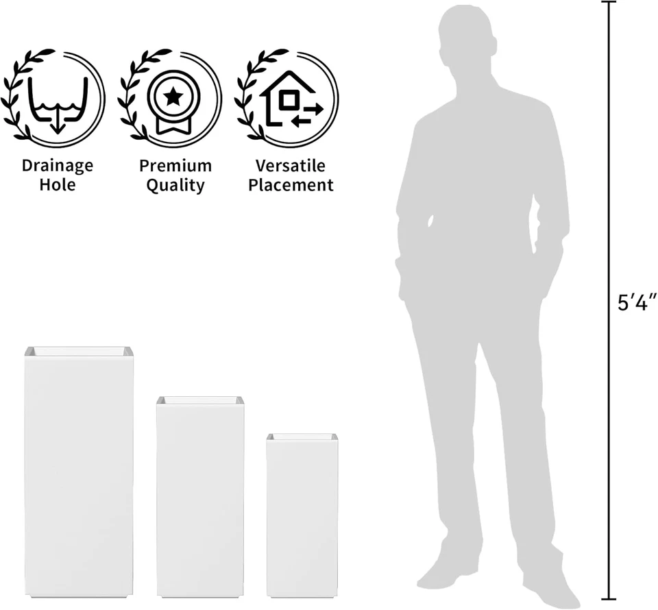 19.7 Inch Tall Rectangular Planter, Indoor & Outdoor Concrete Plant Pot with Dra - Image 4 of 4