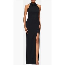 Xscape Black Halter Neck Ruffle Crepe Open Back Gown Size 10P $235