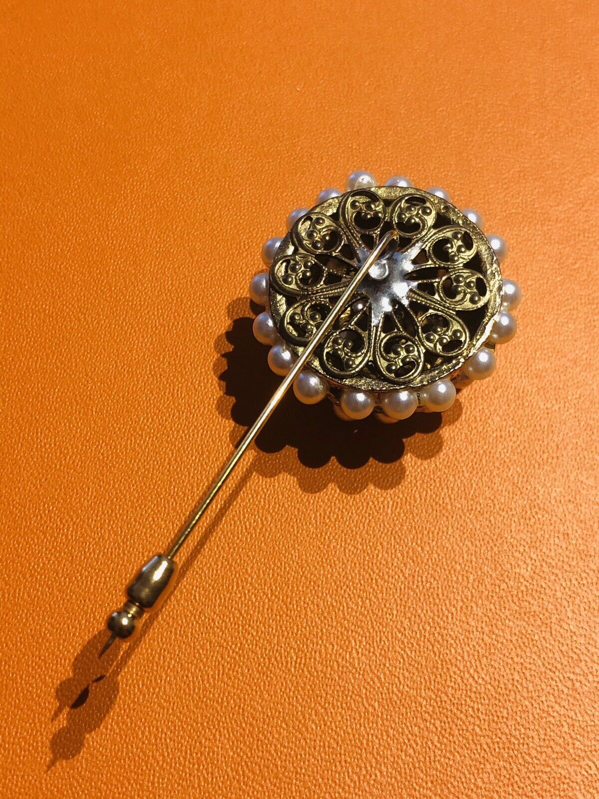 Vintage Faux Pearl Crystal Stickpin Brooch - image 3