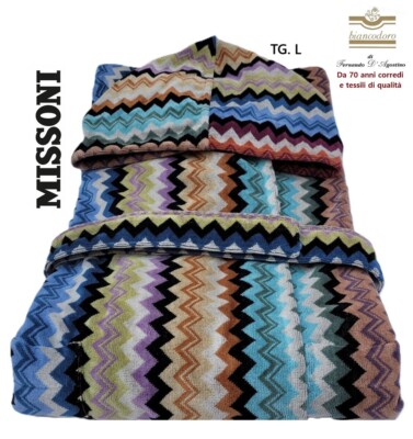 MISSONI Frottee Bademantel Gr. L mit Kapuze Gürtel Taschen 100% Baumwolle Unisex