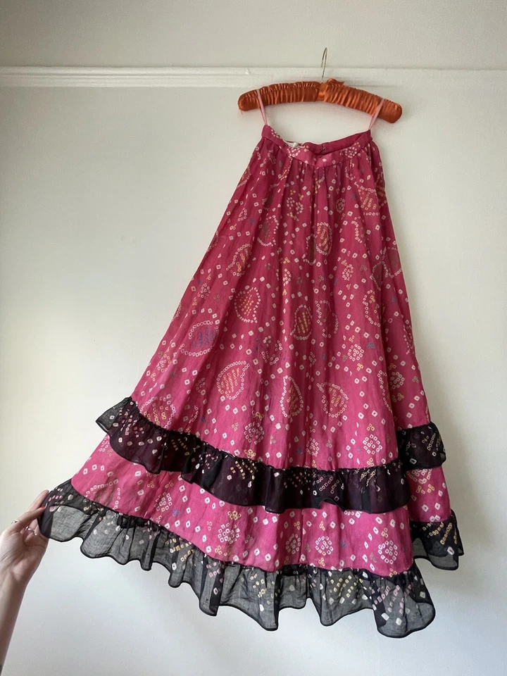 Maxi Falda Vintage Años 60 Jayne Haus Italia Rosa Boho Flamenca Volantes Algodón XS Foto 4 de 4