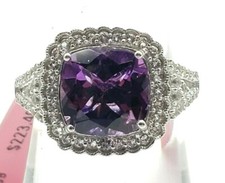 Solitaire Sterling 925 Cushion Faceted Amethyst CZ Halo Split Cocktail Band Ring