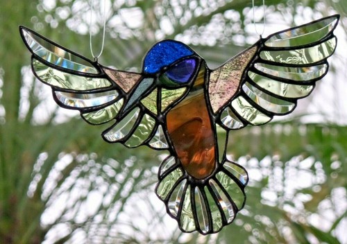 Bleiverglasung Facetten- Fensterbild Suncatcher Blauköpfchen- Kolibri in Tiffany - Bild 4 von 10
