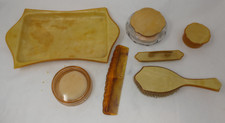 VINTAGE YELLOW CELLULOID ART DECO LADY VANITY ACCESSORIES 6 PIECE SET