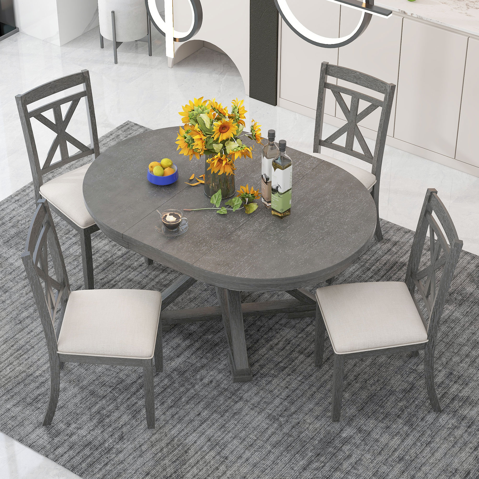 Extendable 5 Piece Round Dining Table Set 4 Upholstered Chair Retro