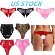 Women WetLook Faux Leather Knickers Lingerie High Cut Briefs Panties Clubwear