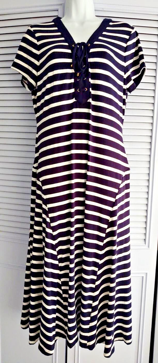Lauren Ralph Lauren Navy/White Striped Lace-Up Jersey Dress 10 | eBay