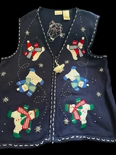 Bobbie Brooks Vest Womens XXL 22/24 Christmas Snow Man Zip Up Sweater Vintage