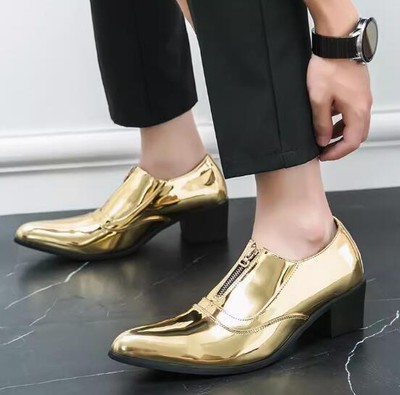 Men Patent Leather Pointy Toe Cuban Heels Wedding Dress Shoes Zipper Prom Shoes