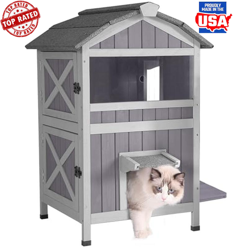 2-Story Outdoor Cat House Weatherproof Kitty Shelter Escape Doors Large Balcony