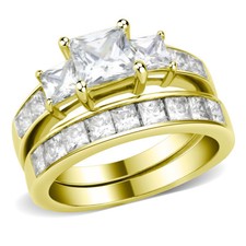 3 Stone Type 6mm Princess CZ Womens 14K Gold IP Stainless Steel Wedding Ring Set