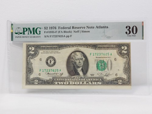 2 $ 1976 Federal Reserve Schein Atlanta PMG 30 Miscut Offsetdruck Fehler Dollar