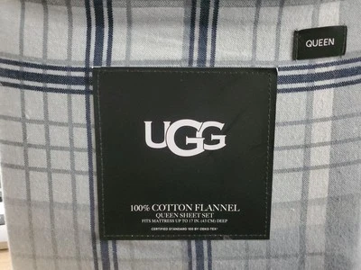 NEW UGG QUEEN Sheet Set Cotton Flannel Ocean Plaid Oeko-Tex