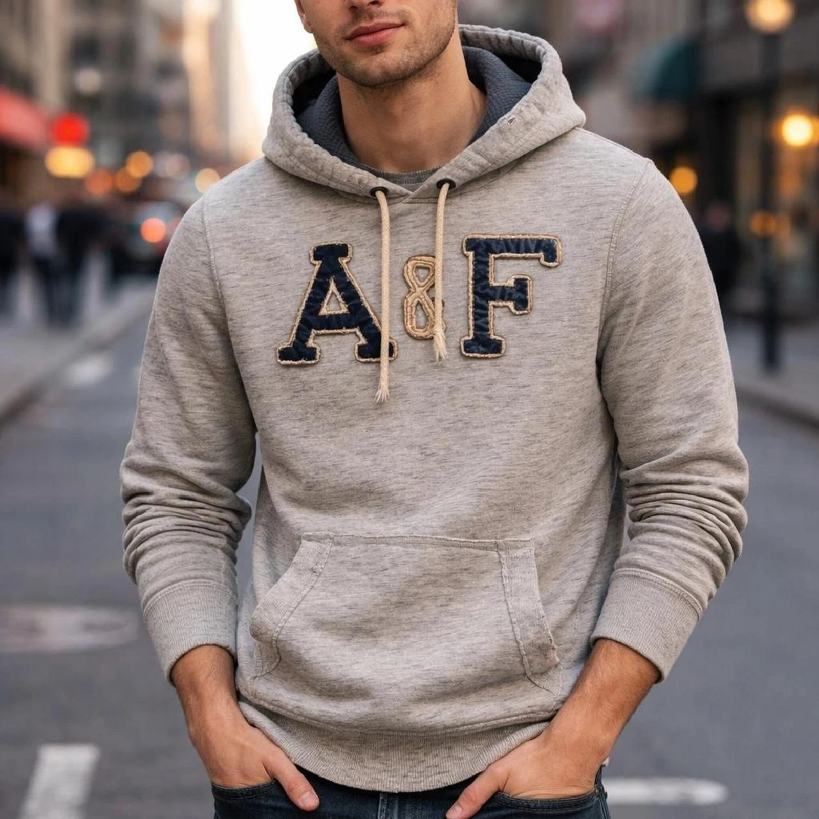 Abercrombie Fitch Men's Grey Hoodie Medium Muscle Fit Thermal Y2K Logo Distress