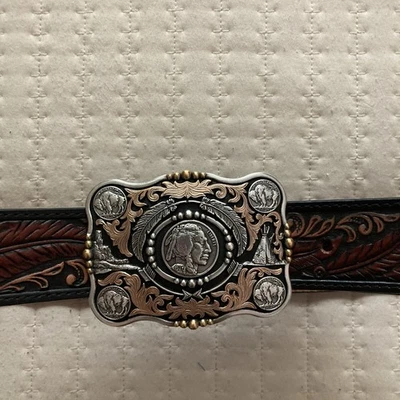Justin Tooled Brown Leather Belt Men’s 32 Brown Indian Head Belt Buckle - Image 1 of 4